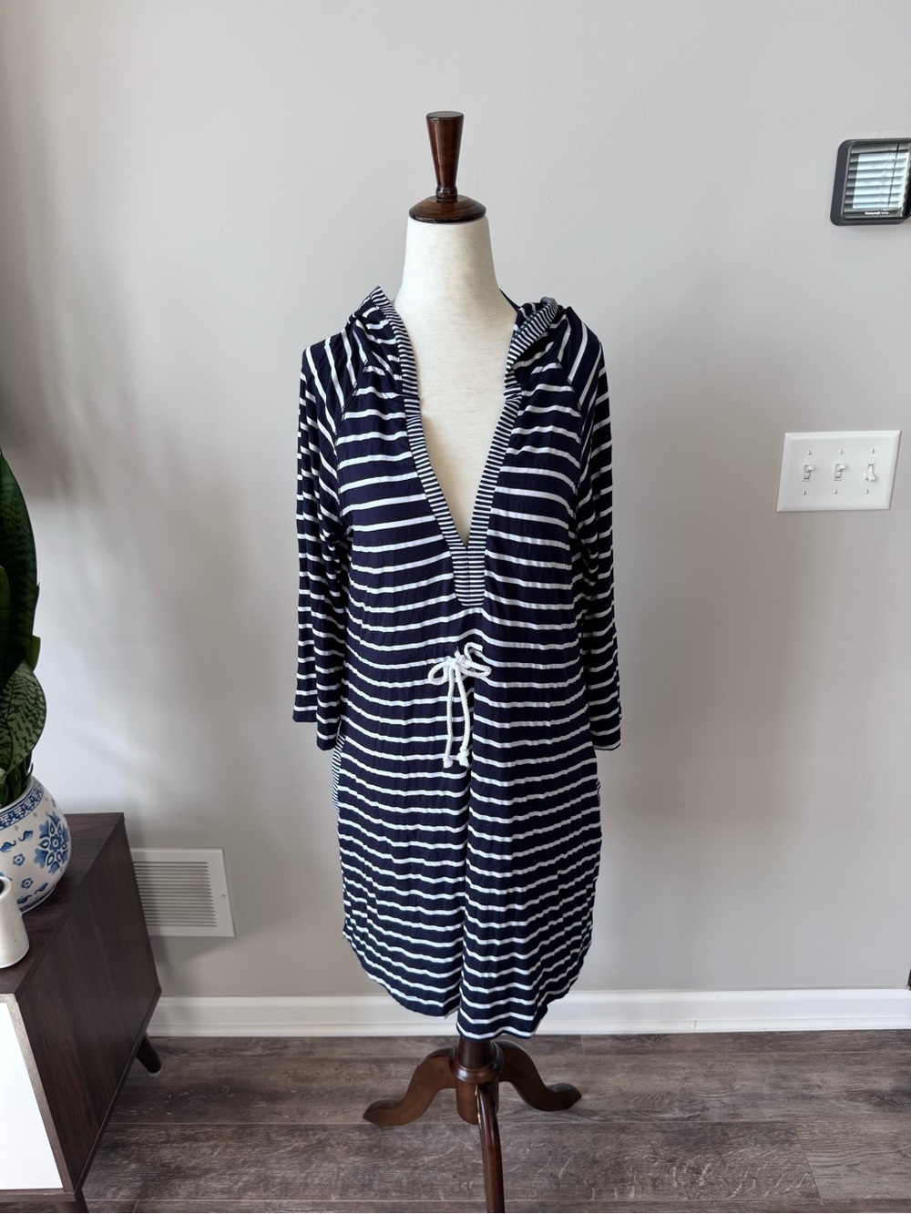 NWT! Blue Caribbean Navy and White Striped Hooded Swim Cover-Up